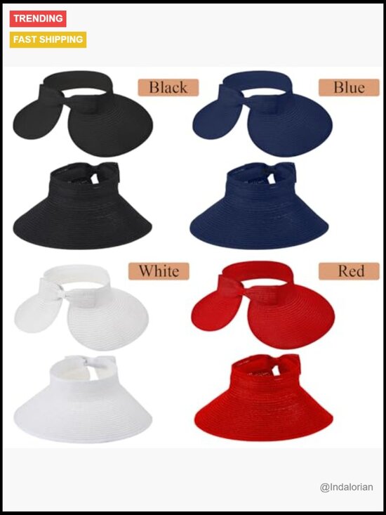 Straw Sun Visor Hat Packable Ponytail Wide Brim Beach Hat Adjustable UV